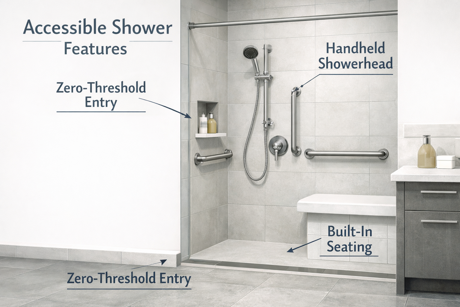 Illustration of main accessible shower features