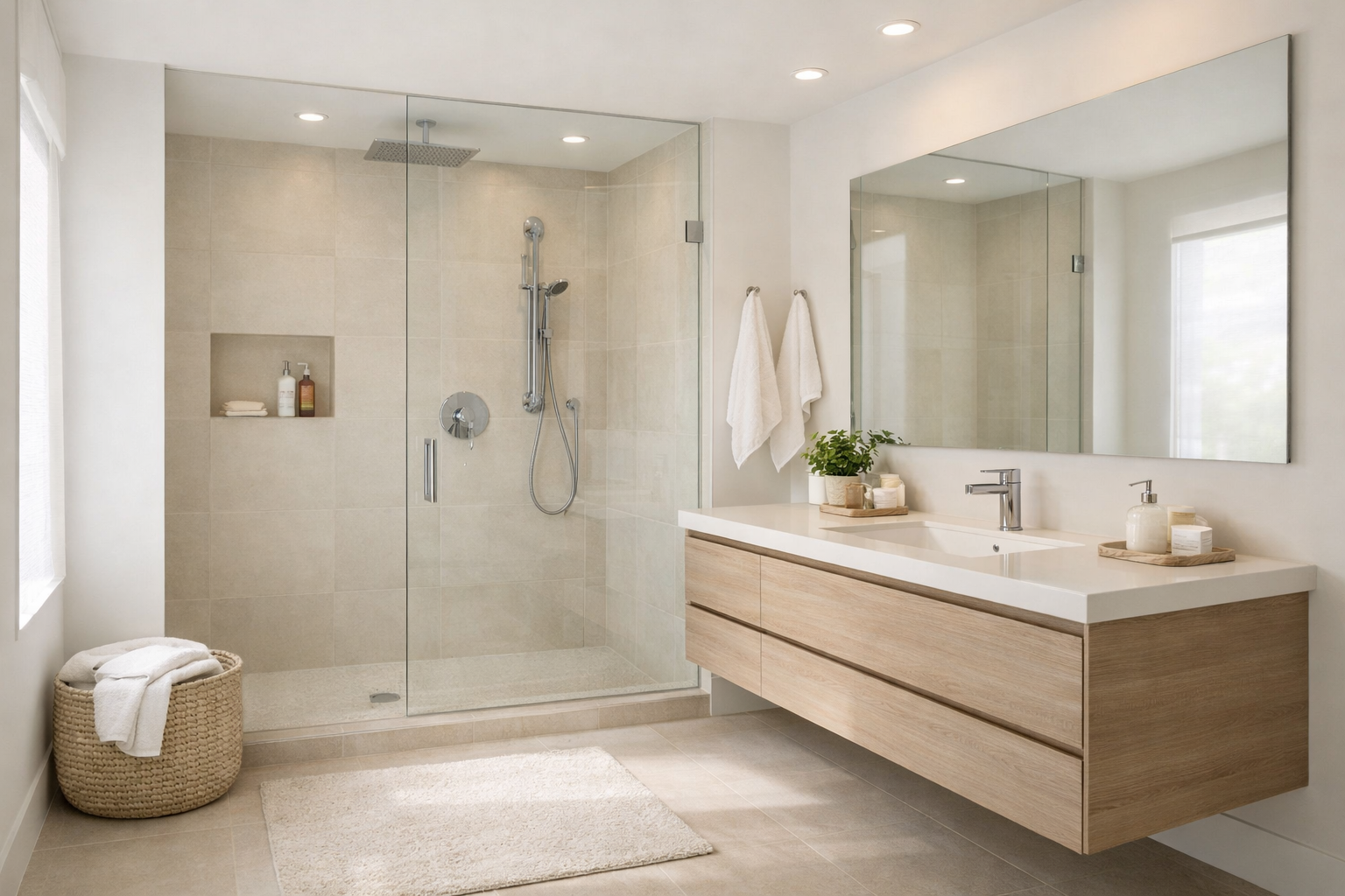 Modern bathroom with walk-in shower and floating vanity