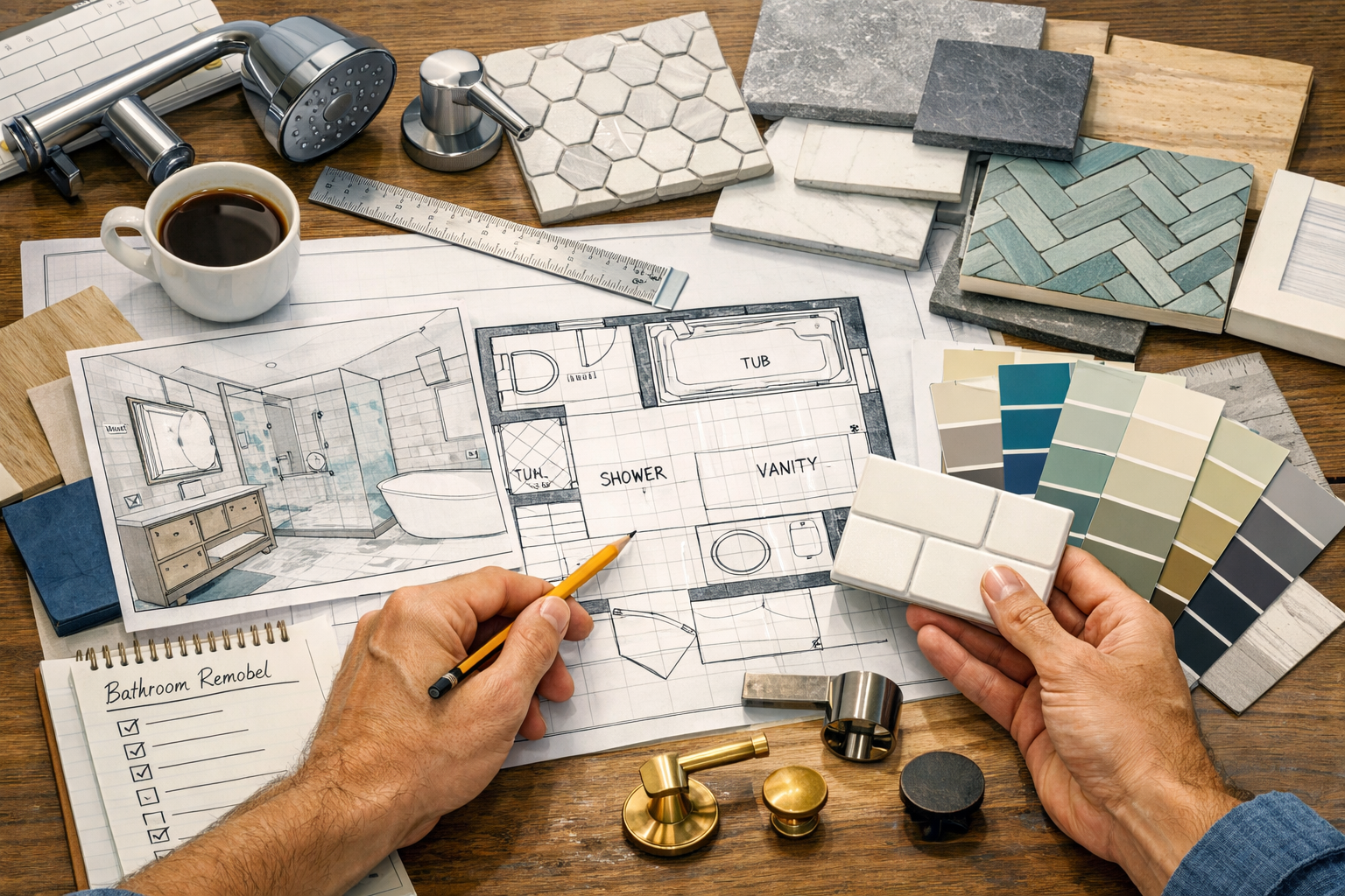 Designer reviewing bathroom remodel blueprints and materials
