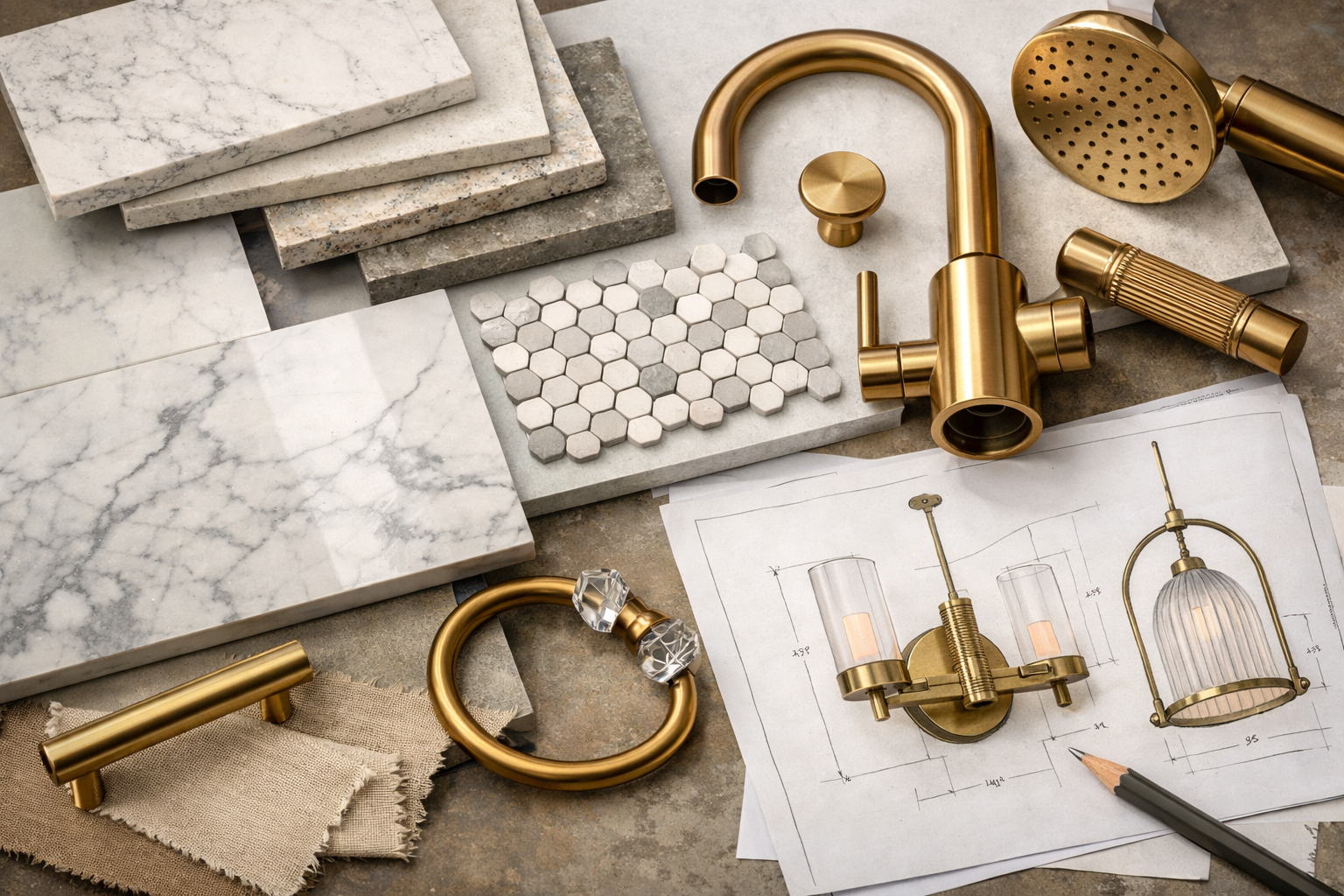 Bathroom material samples including tile, quartz, and brass fixtures