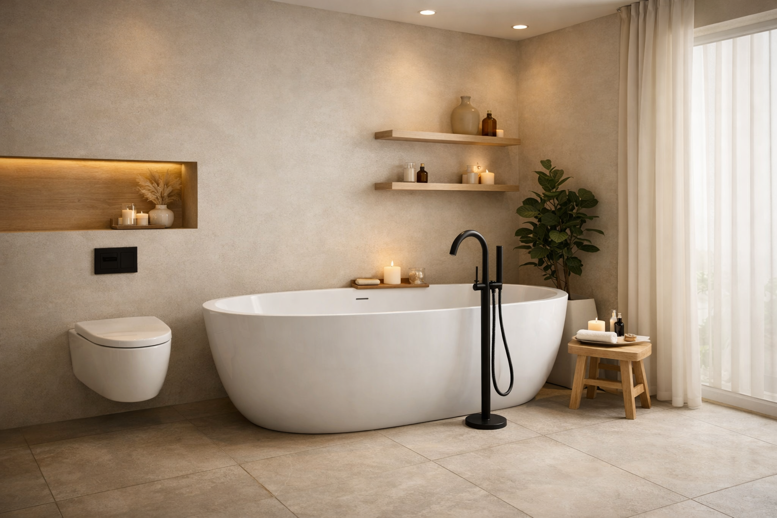 Modern bathroom with freestanding tub and wall-mounted toilet