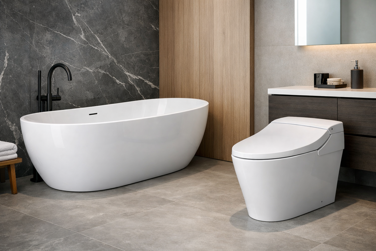 Modern bathroom fixtures including tub and toilet