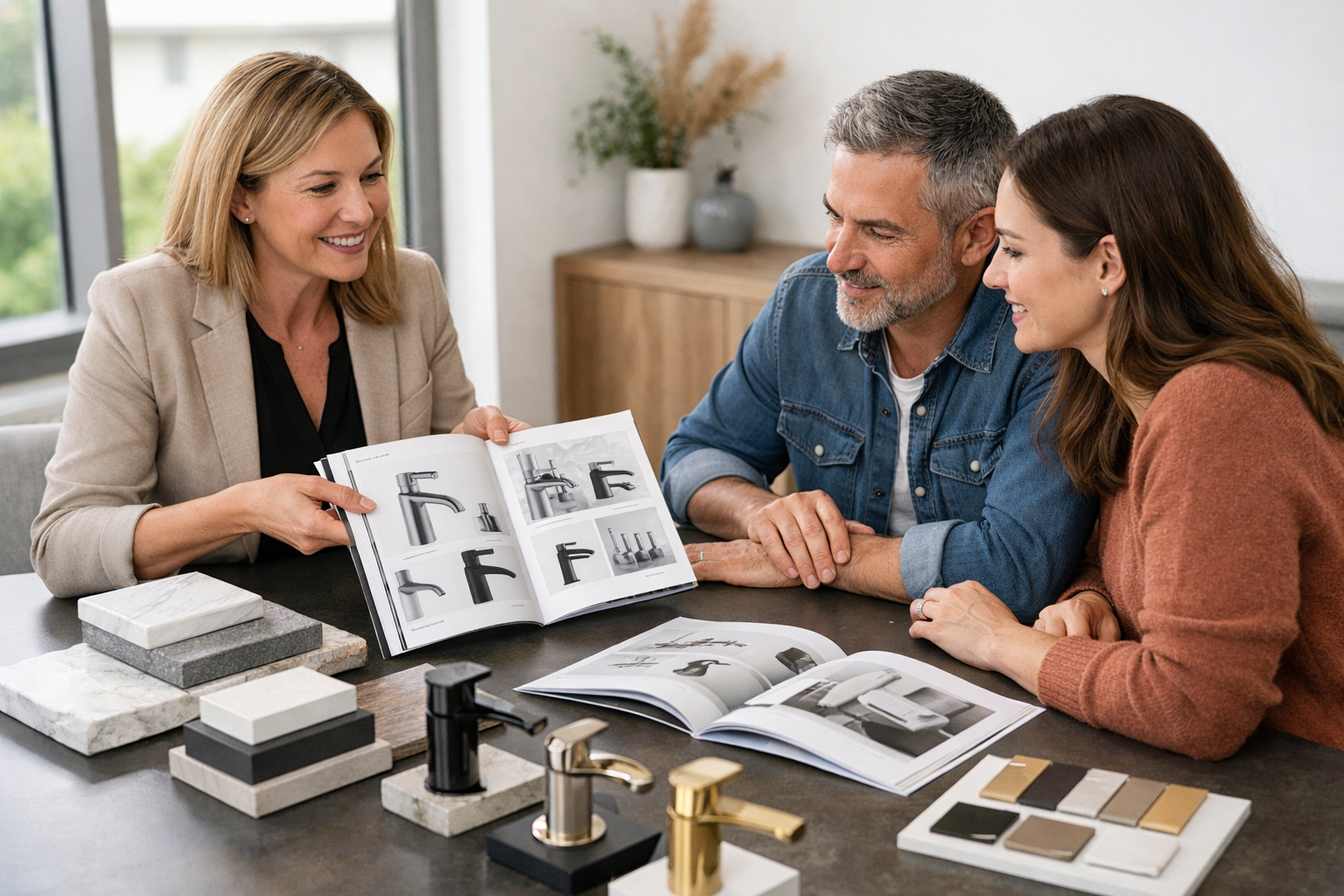 Homeowners reviewing bathroom fixture options with designer