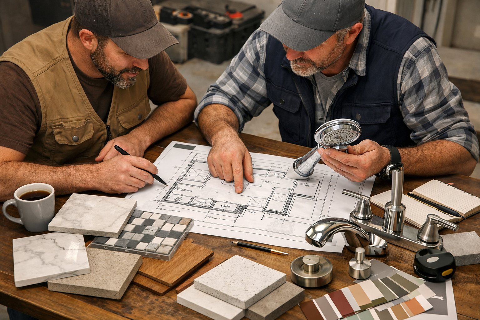 Contractors reviewing bathroom renovation plans and materials