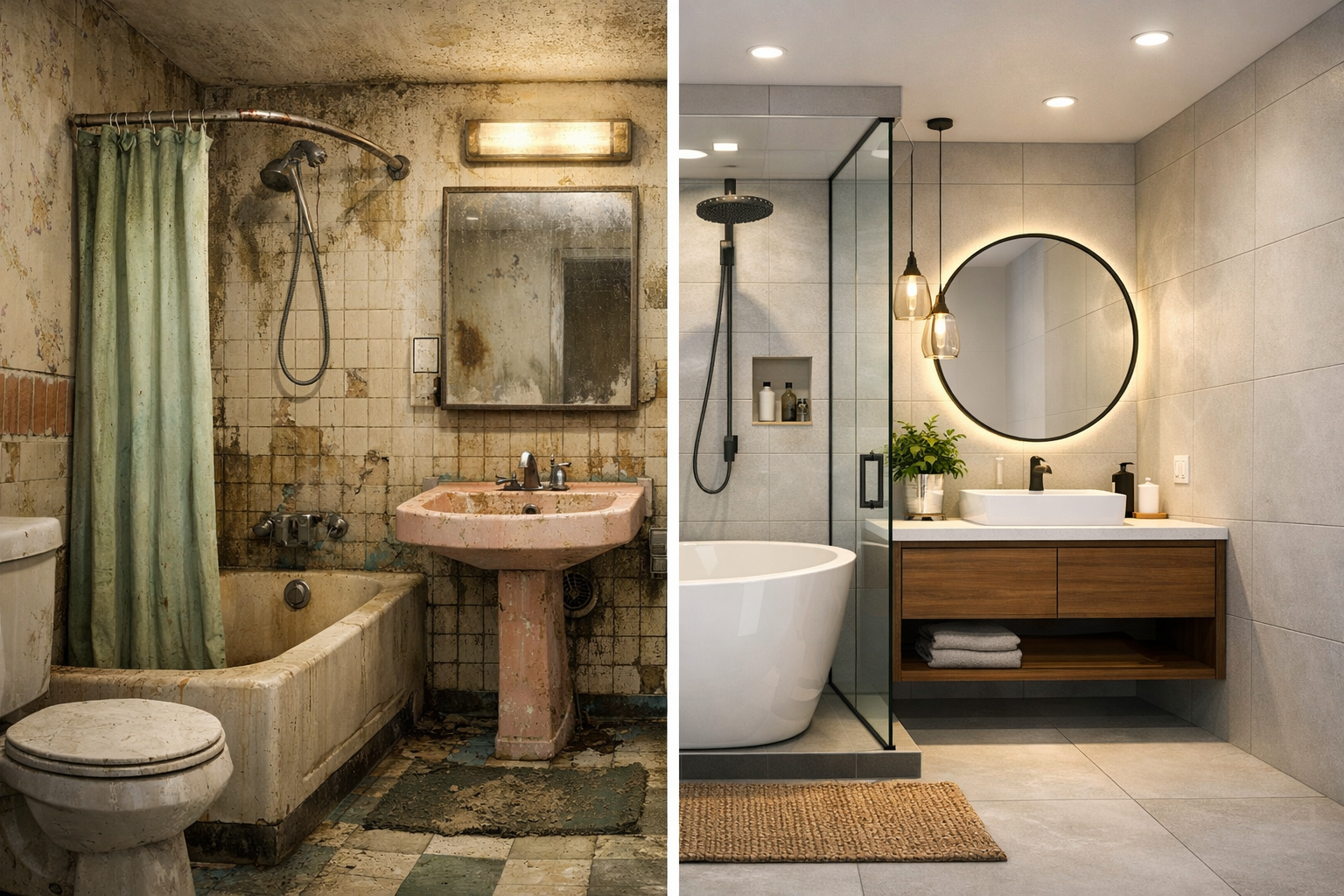 Outdated bathroom transitioning into a newly renovated modern bathroom design