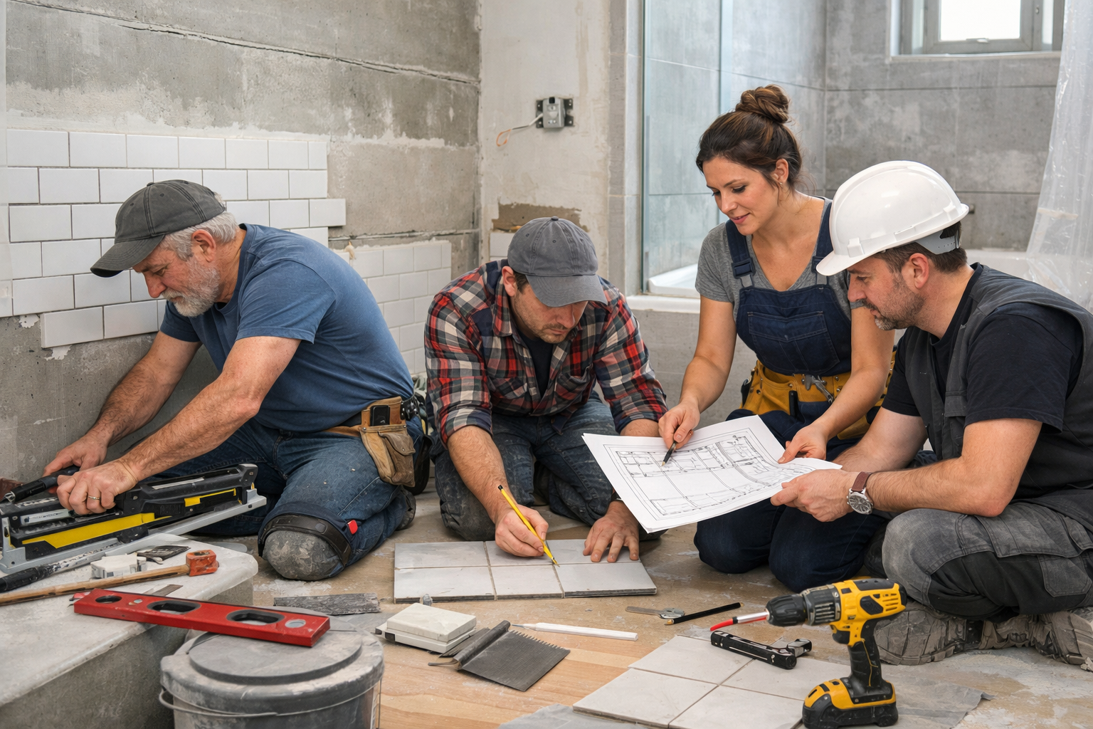 Contractors working on a bathroom renovation in Denton TX with tools and plans