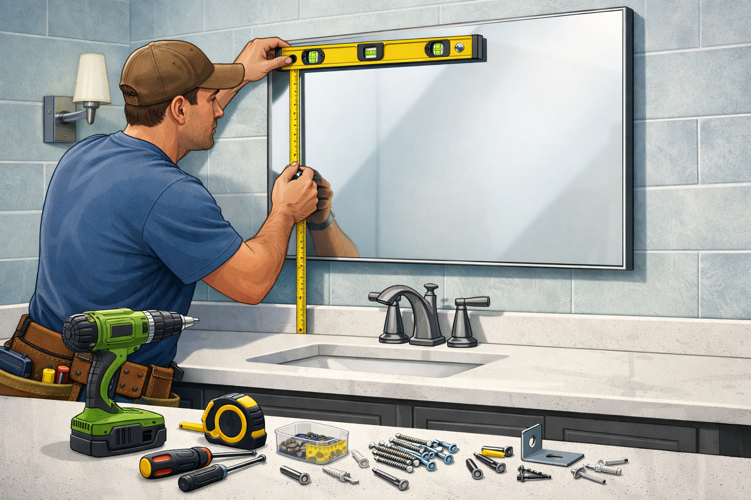 Contractor measuring and leveling a bathroom vanity and mirror