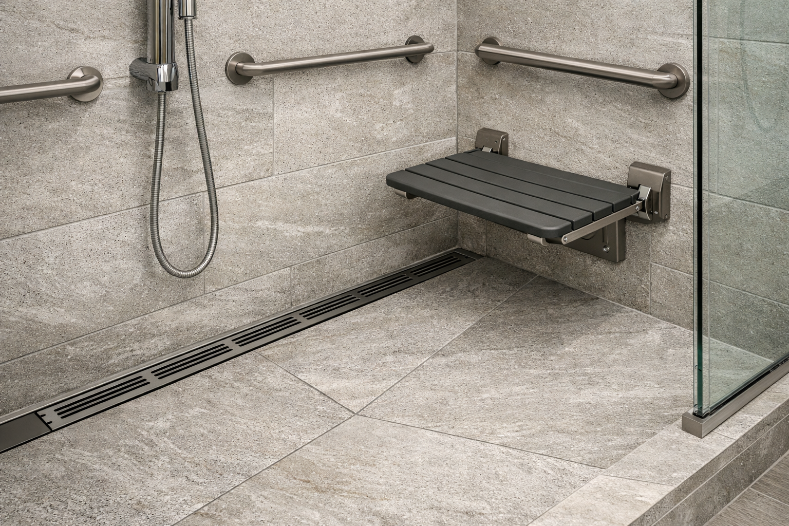 Curbless roll-in shower with linear drain, textured tile, handheld shower, and fold-down seat