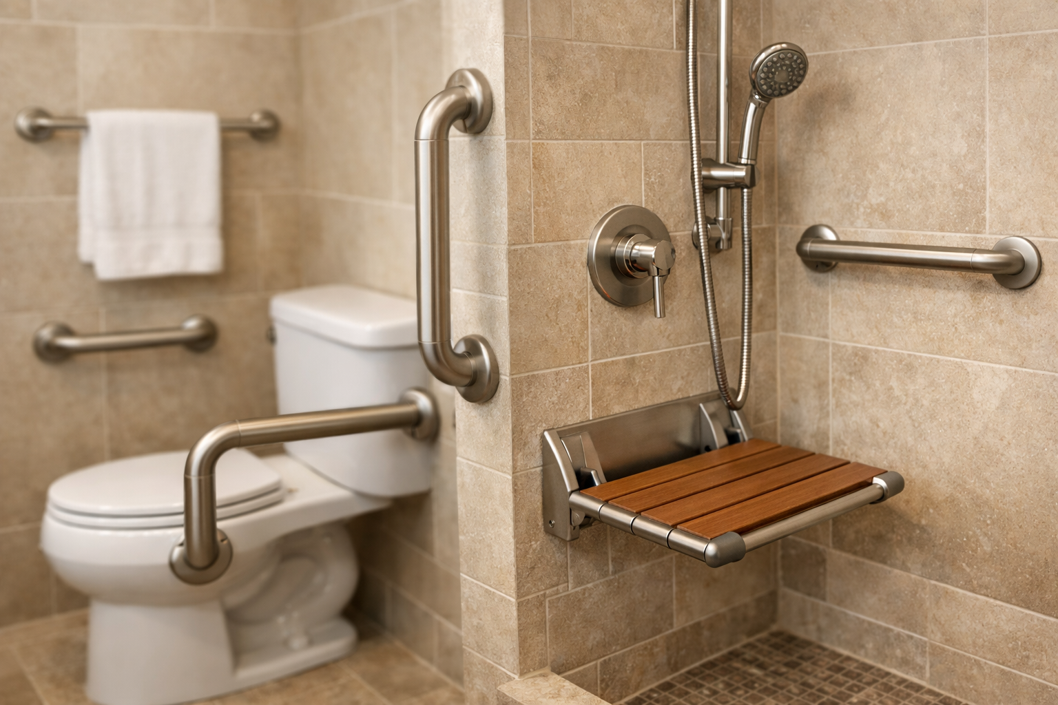 Grab bars installed near a toilet and in a shower with a fold-down seat and handheld shower head