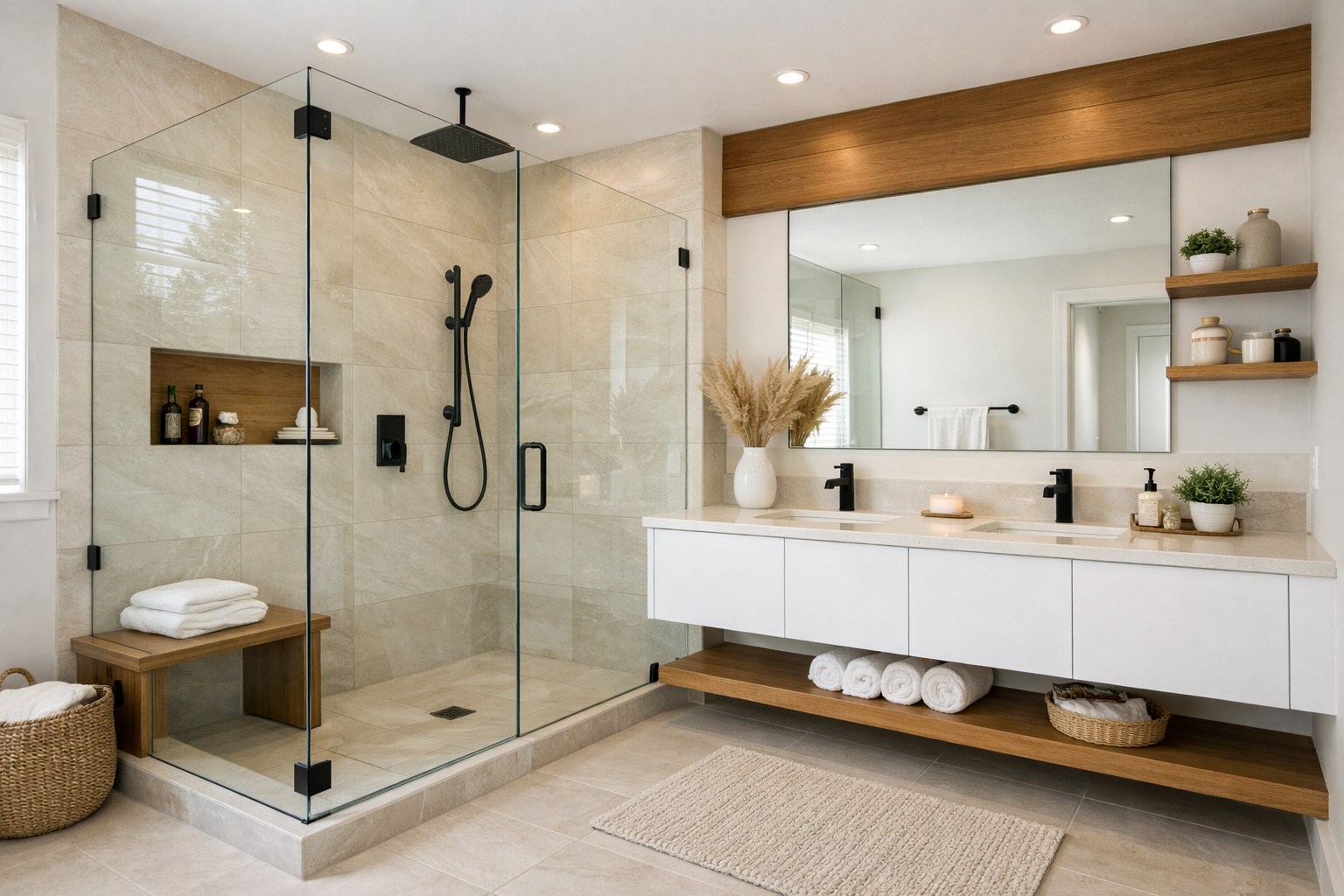 Modern bathroom remodel in a Frisco, Texas home with walk-in shower, frameless glass, light stone tile, and floating vanity