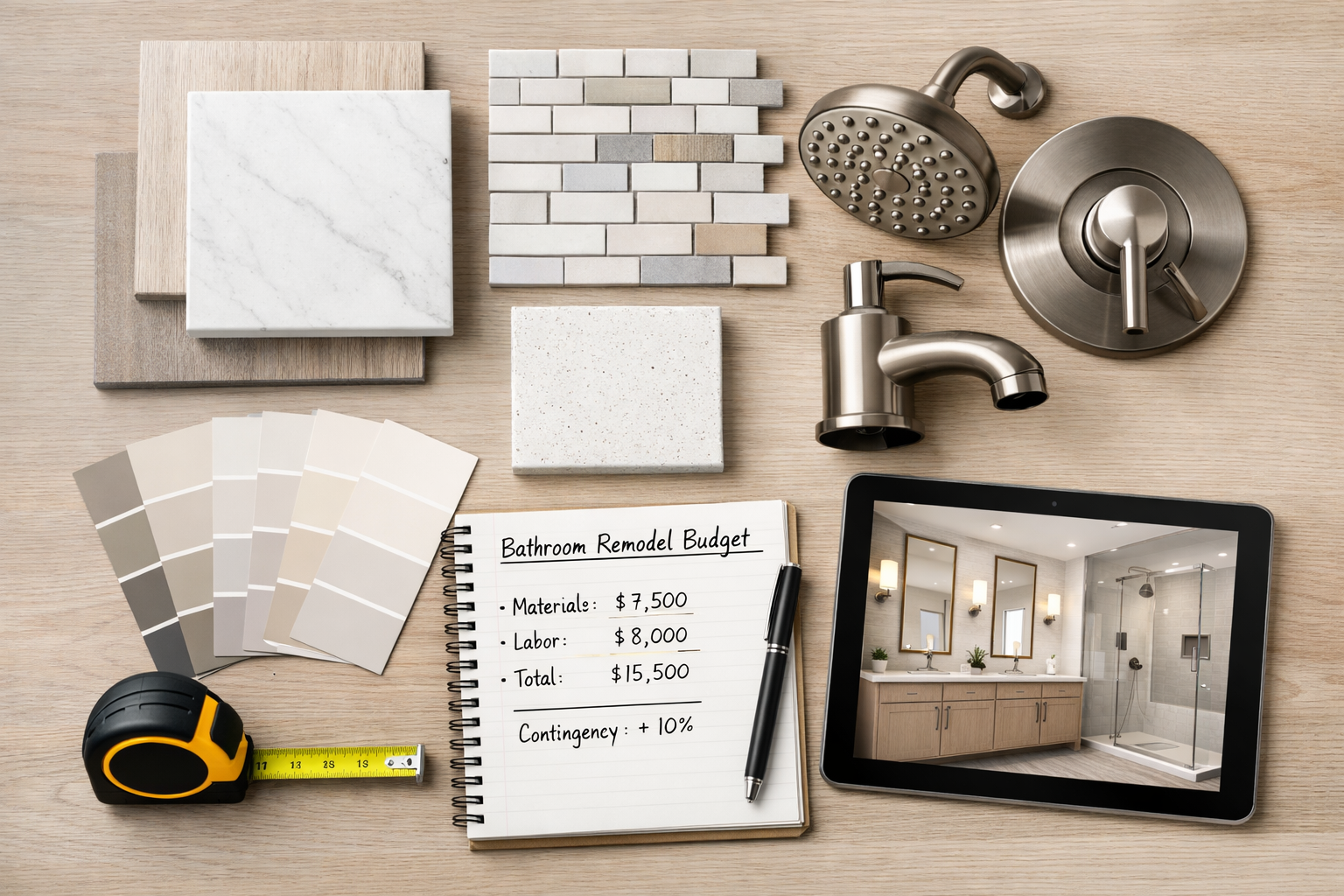 Bathroom remodel planning flat lay with tile samples, fixtures, paint swatches, measuring tape, and budget notes