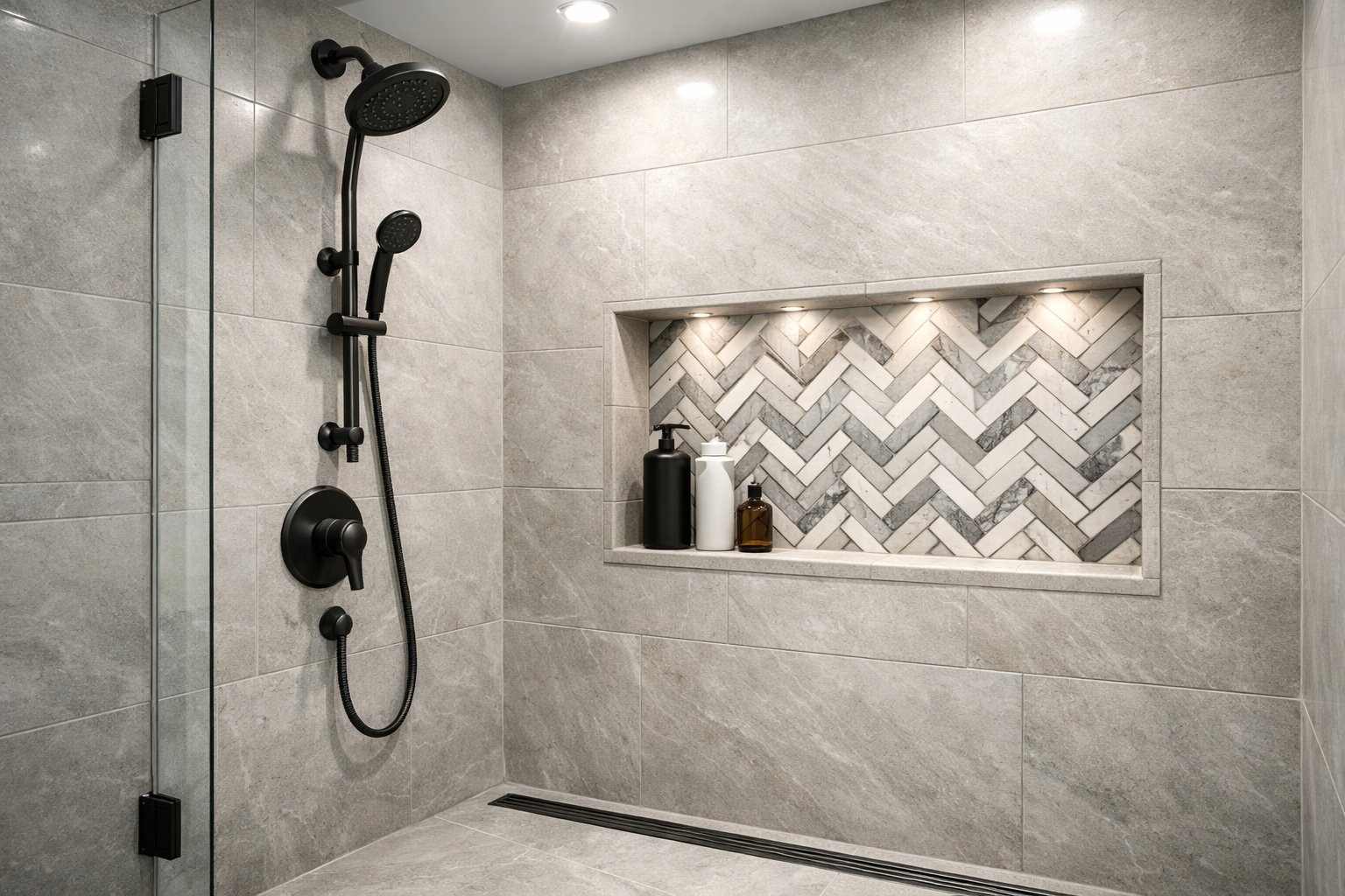 Close-up of a walk-in shower with frameless glass, built-in niche, modern fixtures, porcelain tile, and a linear drain