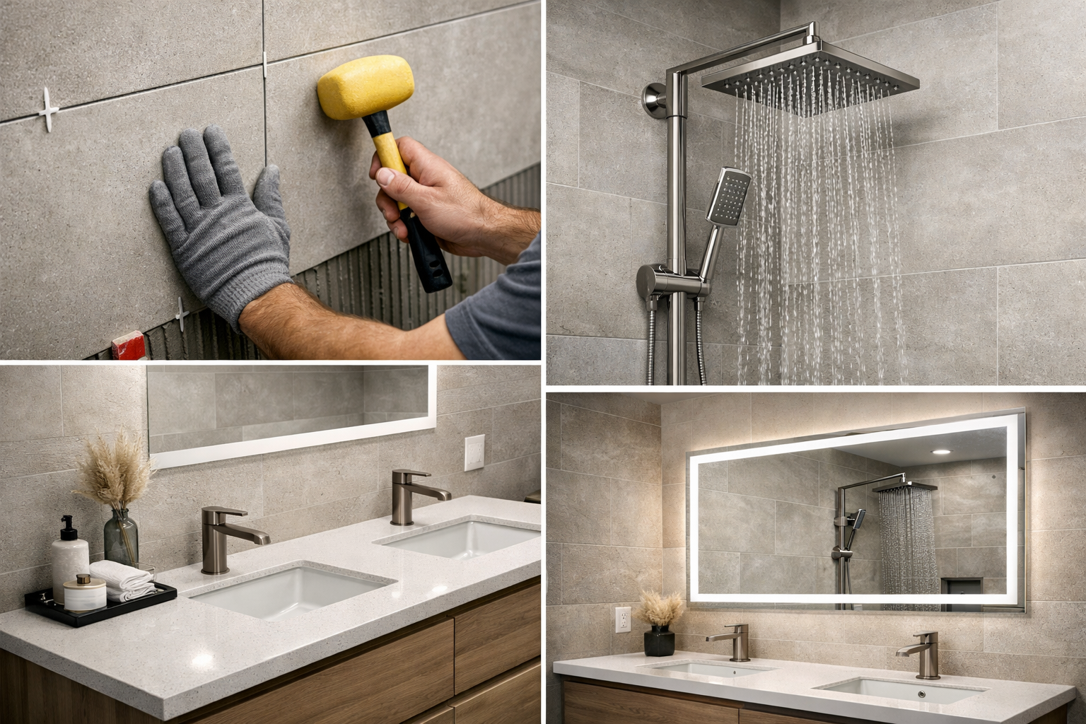 Bathroom remodeling elements including tile installation, modern shower system, quartz vanity countertop, and LED mirror