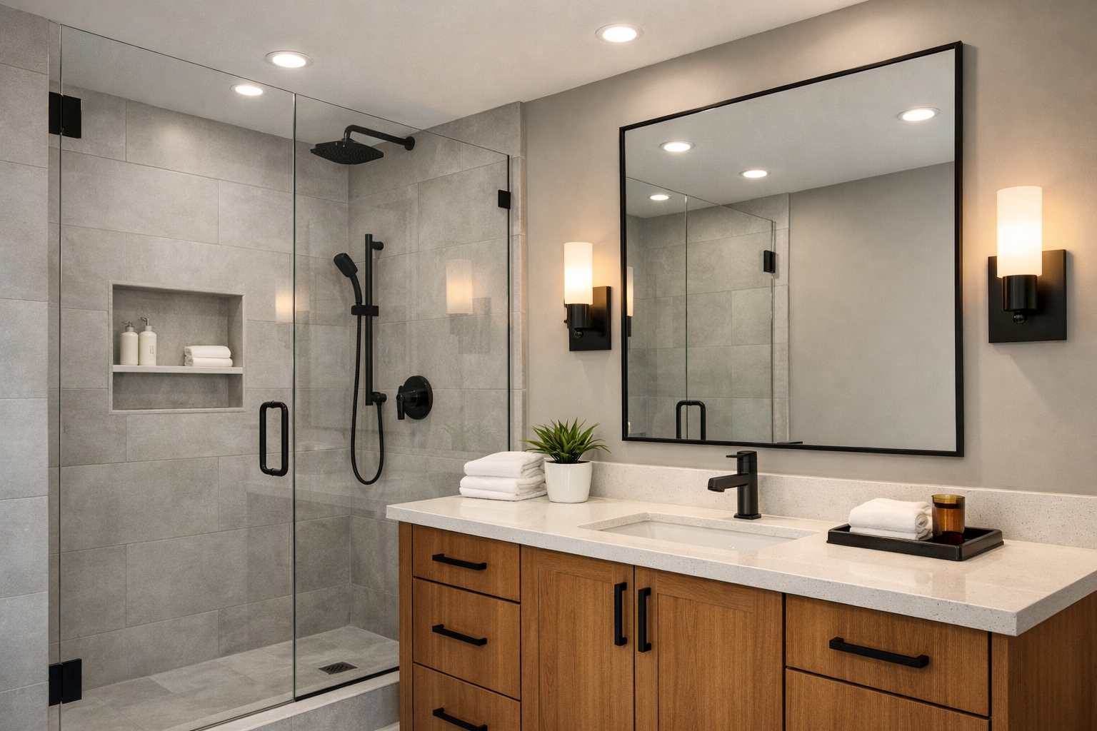 Staged bathroom with frameless glass shower, built-in niche, large-format tile, quartz vanity countertop, matte black fixtures, and layered lighting