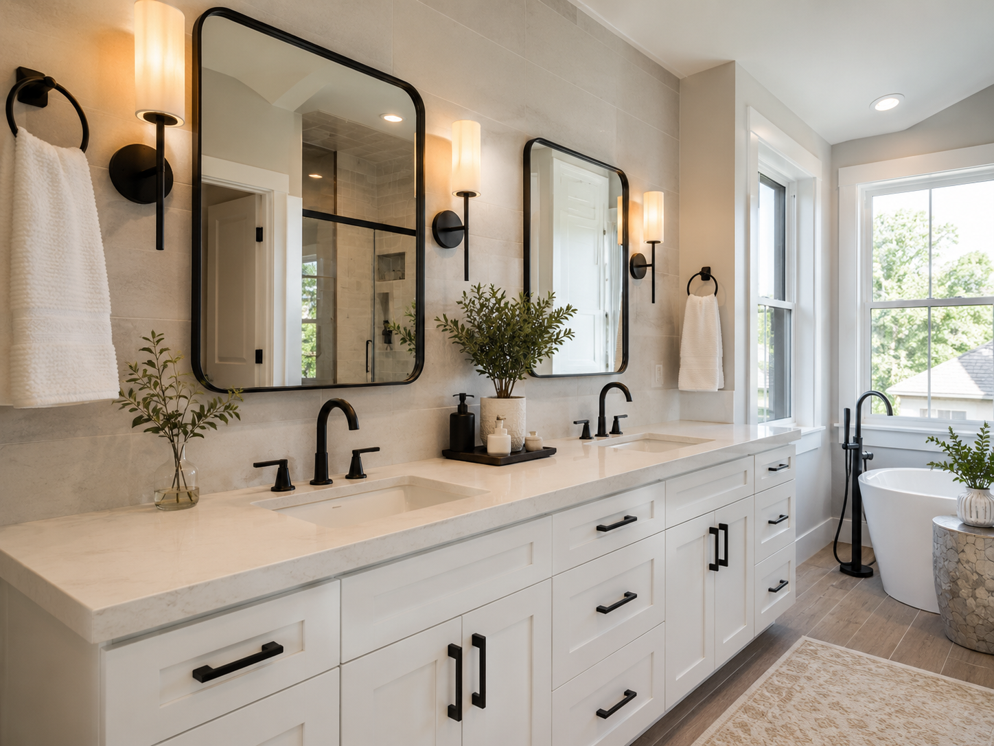 White double vanity with quartz countertop, black fixtures, mirrors, and wall lights