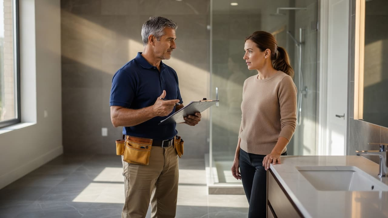 A contractor holding a clipboard gestures while explaining renovation details to a homeowner inside a modern, tiled bathroom. The bright space features high-end marble finishes and warm cinematic interior lighting.