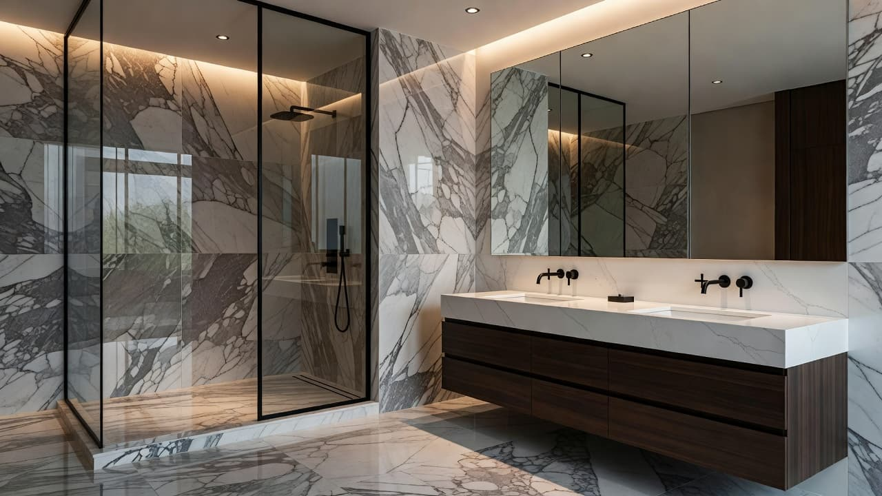 A spacious master bathroom features elegant marble wall tiles and a double quartz vanity. A large walk-in glass shower stands beside minimalist fixtures, all illuminated by soft, atmospheric warm lighting.