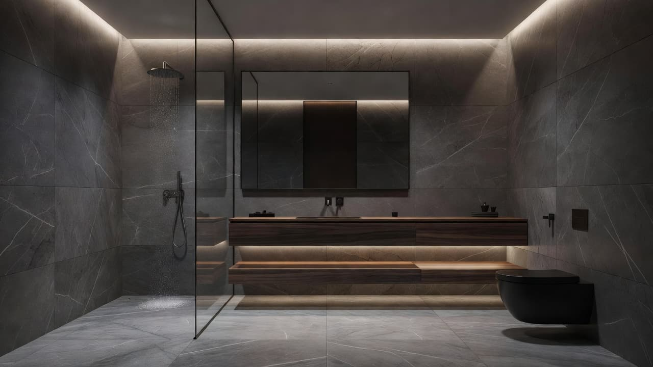 A sleek bathroom features large gray stone tiles, a frameless glass shower enclosure, and a floating wooden vanity. Soft, warm ambient lighting highlights the clean architectural lines and refined textures throughout.
