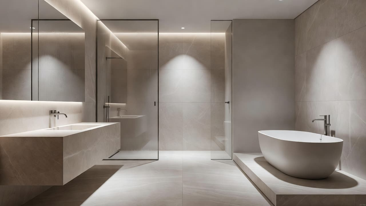 A spacious bathroom features polished light stone walls and a minimalist glass shower enclosure. Soft recessed lighting illuminates the sleek vanity area, creating a serene atmosphere with balanced high-quality textures.