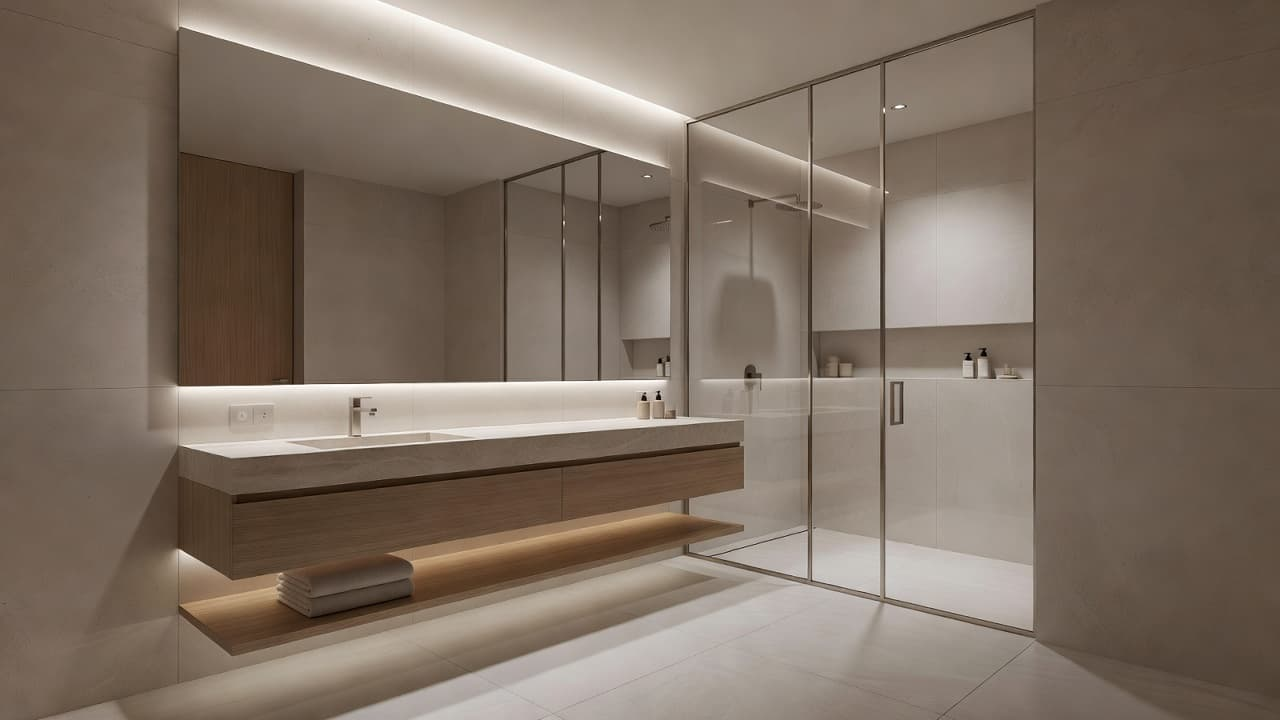 A floating vanity rests against a tiled wall beside a transparent glass shower enclosure. Soft ambient light highlights the clean lines and contemporary fixtures throughout this bright, minimalist interior space.