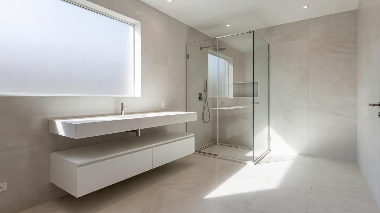 A floating vanity sits beside a glass-enclosed shower against light-colored tiled walls. Minimalist fixtures and dramatic lighting accentuate the efficient layout, creating a bright and airy atmosphere for this compact room.