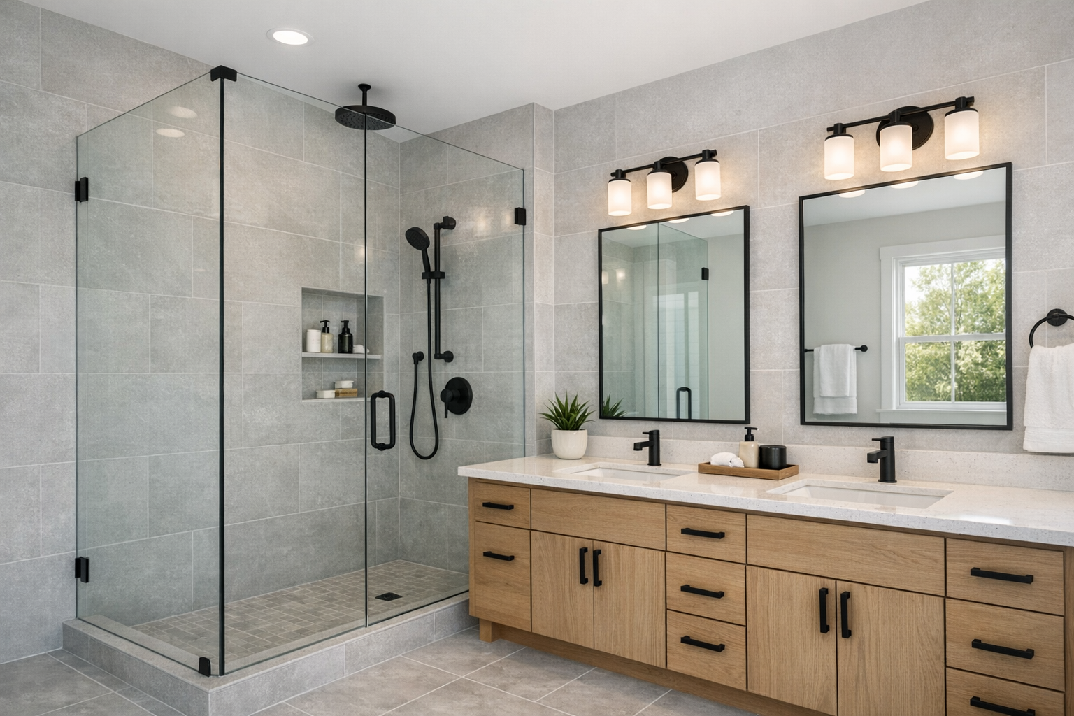 Bright modern Argyle, Texas bathroom with a frameless glass walk-in shower, large-format tile, and double vanity with quartz countertop