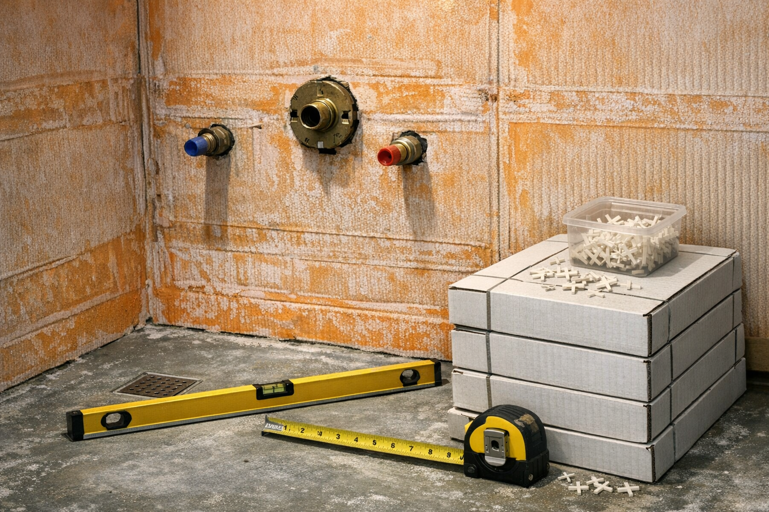 Bathroom remodel in progress showing shower waterproofing membrane, plumbing rough-in, and tile installation tools