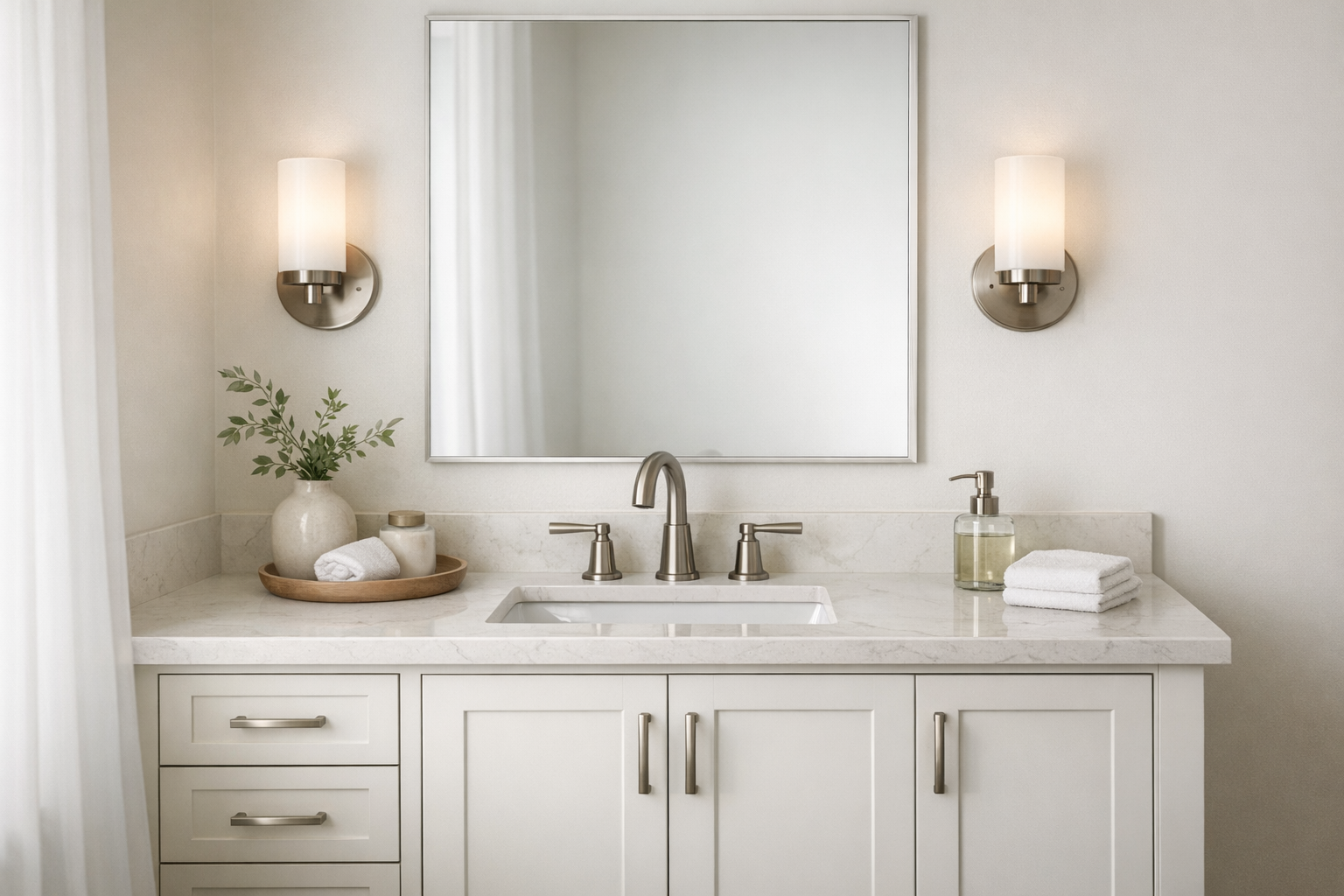Modern shaker-style bathroom vanity with quartz countertop, undermount sink, and brushed nickel faucet