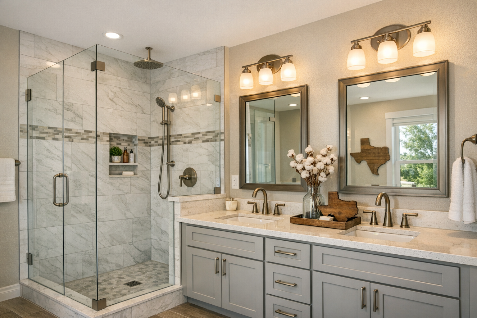 Modern remodeled bathroom in a Denton Texas home with walk-in shower and double vanity
