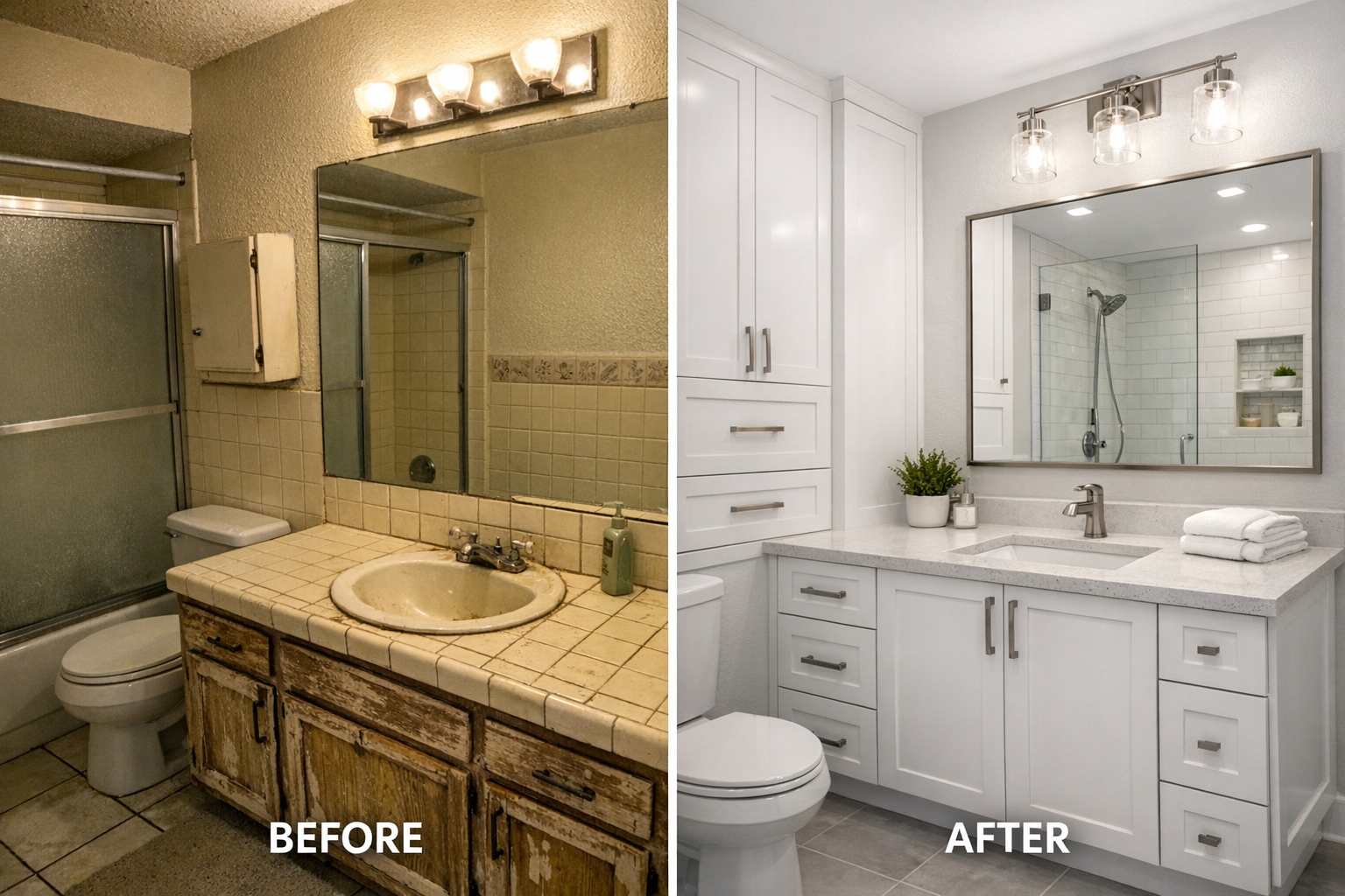 Outdated bathroom transformed into a modern remodeled bathroom with improved lighting and fixtures
