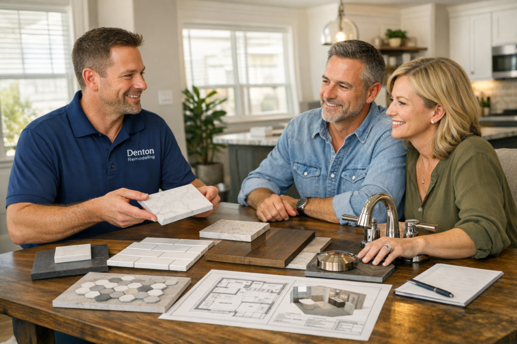 Bathroom remodeling consultation with tile vanity and fixture samples in a Denton home