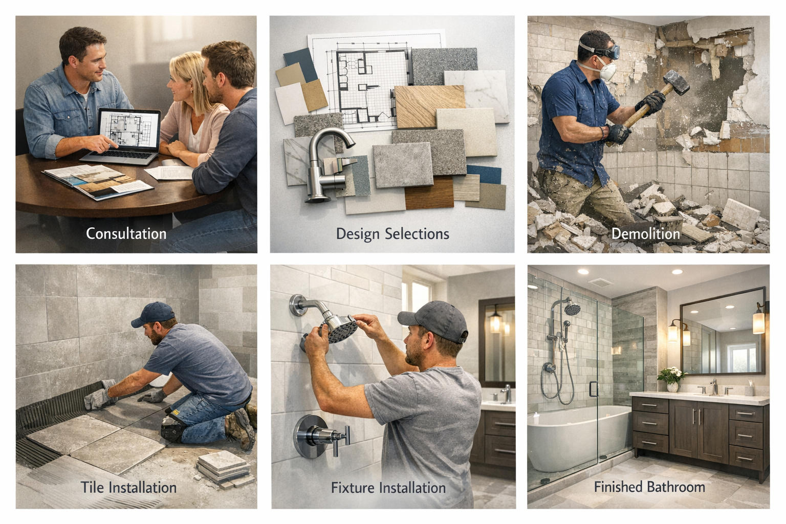 Bathroom remodeling process from consultation to finished modern bathroom