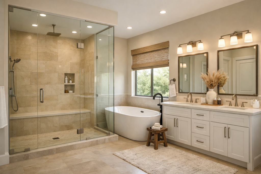 Modern double vanity and quartz countertop in an Argyle TX remodeled bathroom