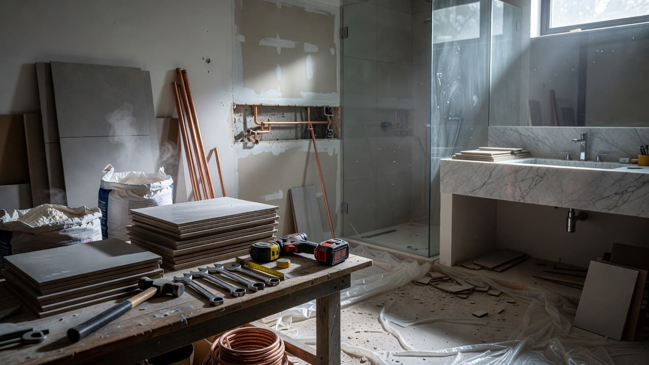 A partially finished bathroom featuring new tile work, scattered construction tools, and piles of plumbing materials. Bright light highlights the high-quality craftsmanship and organized workflow of an active residential project.