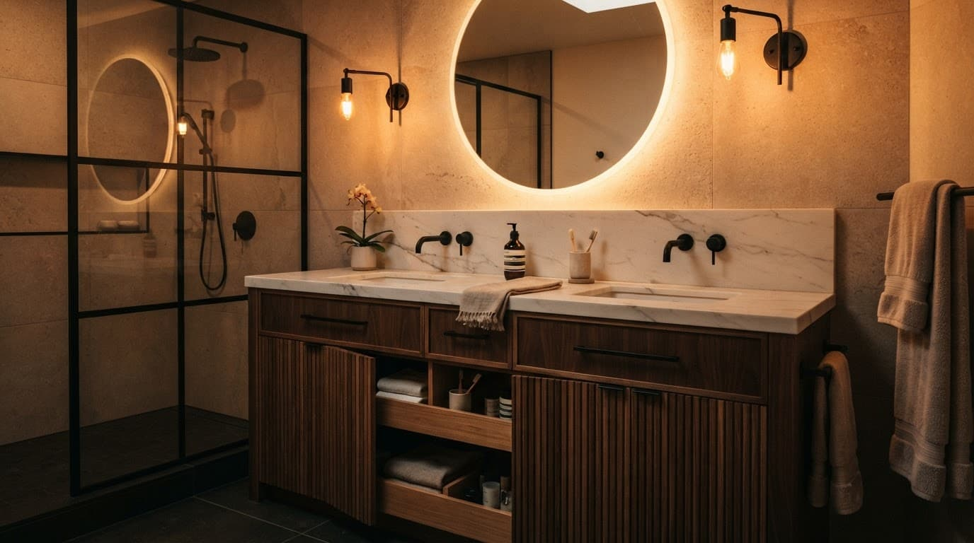 A sleek modern bathroom vanity with clean countertops and warm lighting.