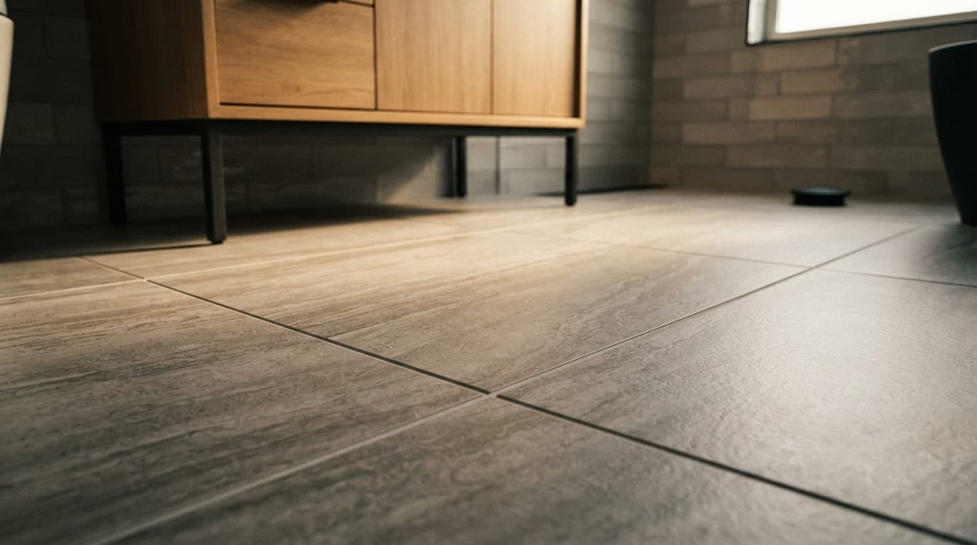 Close-up of glossy porcelain floor tiles in a modern bathroom with warm lighting.