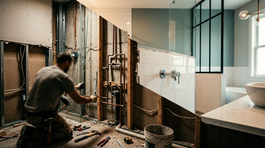 Plumbing and wall work during a bathroom renovation