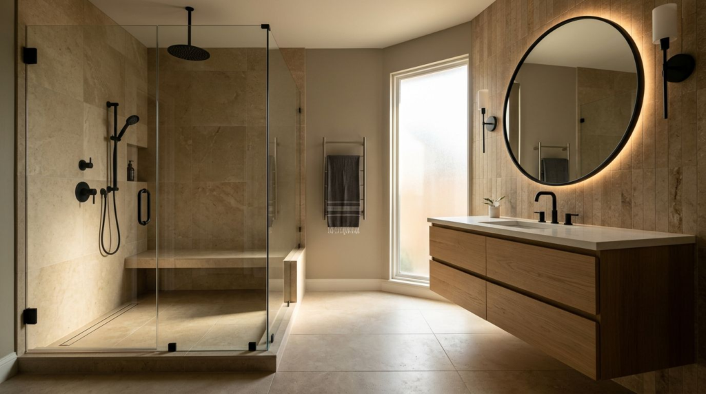 A newly remodeled bathroom featuring a walk-in shower, floating oak vanity, and matte black fixtures.