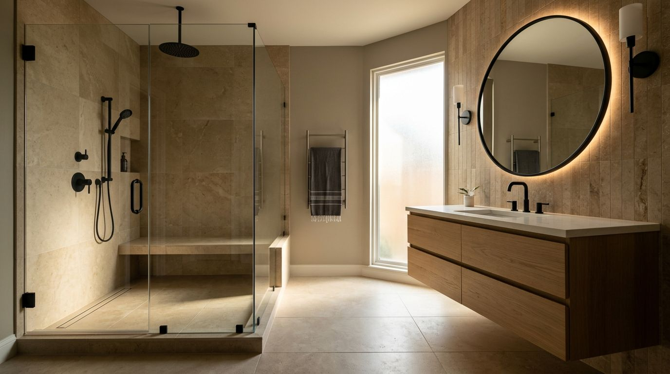 A newly remodeled bathroom featuring a walk-in shower, floating oak vanity, and matte black fixtures.