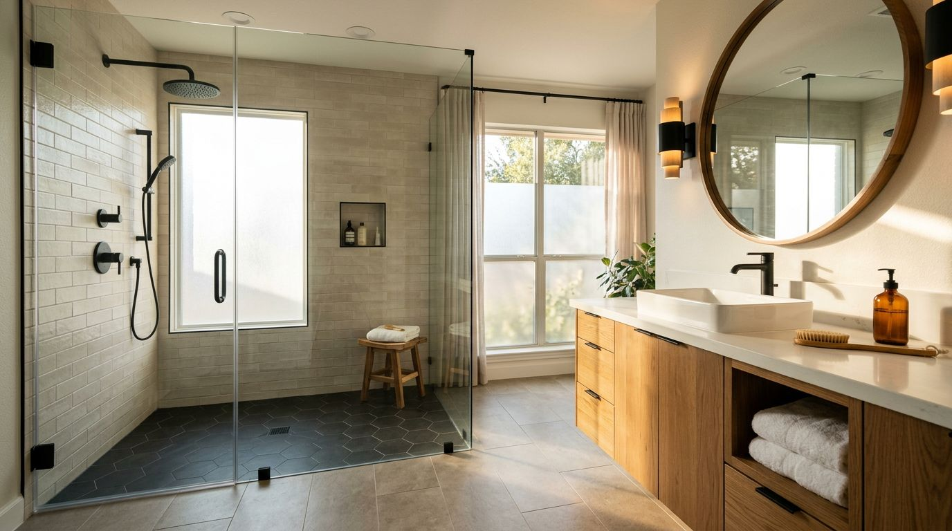 A modern bathroom with a glass walk-in shower and a wooden vanity.