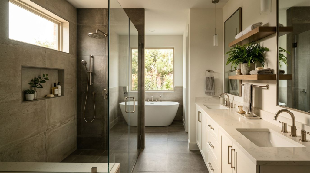 A modern luxury bathroom featuring a glass walk-in shower and quartz vanity.