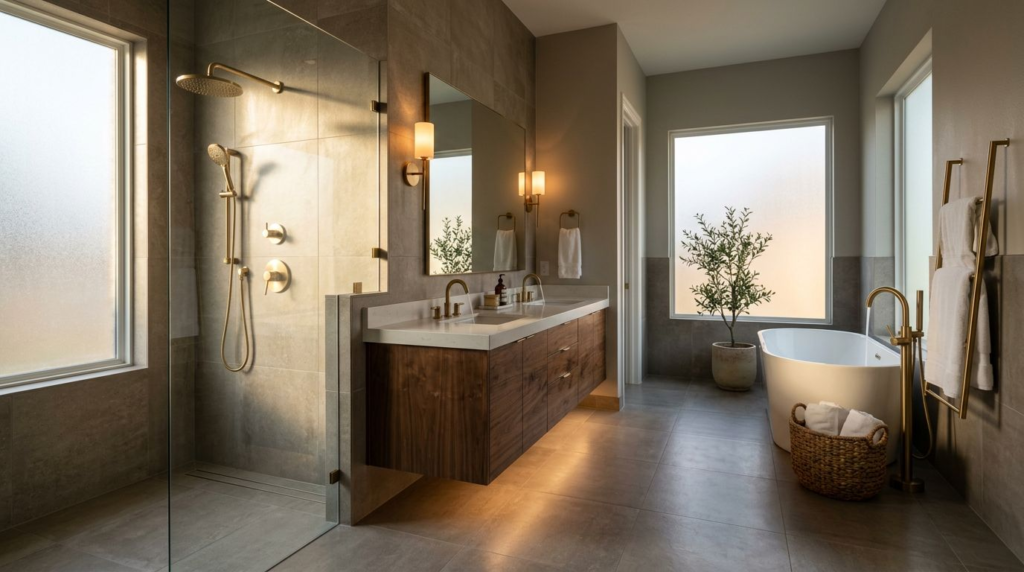A modern bathroom with a glass shower and walnut vanity in warm light.
