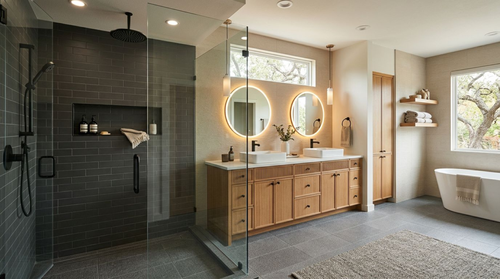 A modern bathroom features a glass walk-in shower and warm wood vanity.
