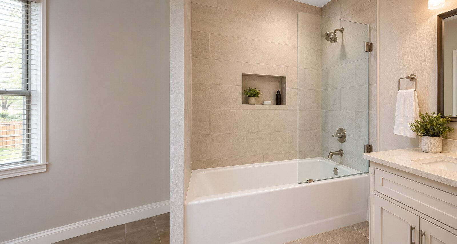Bathtub Replacement Services Denton TX with a new white alcove tub, tiled surround, niche, and glass screen