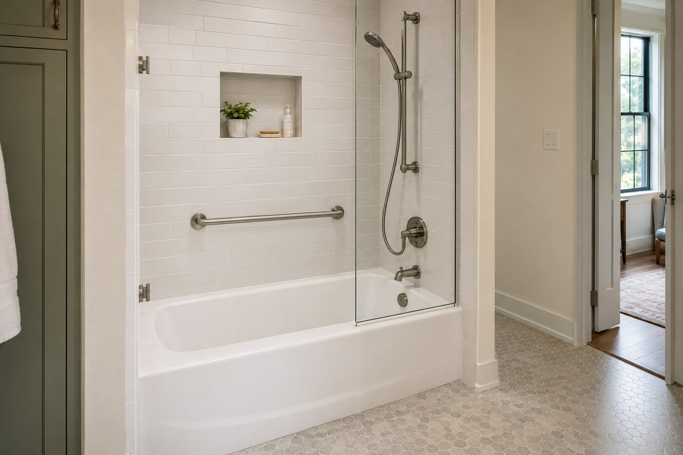 Denton bathtub replacement with grab bar, handheld shower, niche, glass screen, and textured floor tile