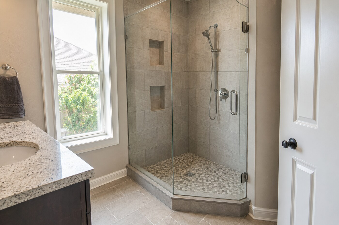 Compact Denton bathroom with a corner walk-in shower, glass door, two niches, and handheld fixture