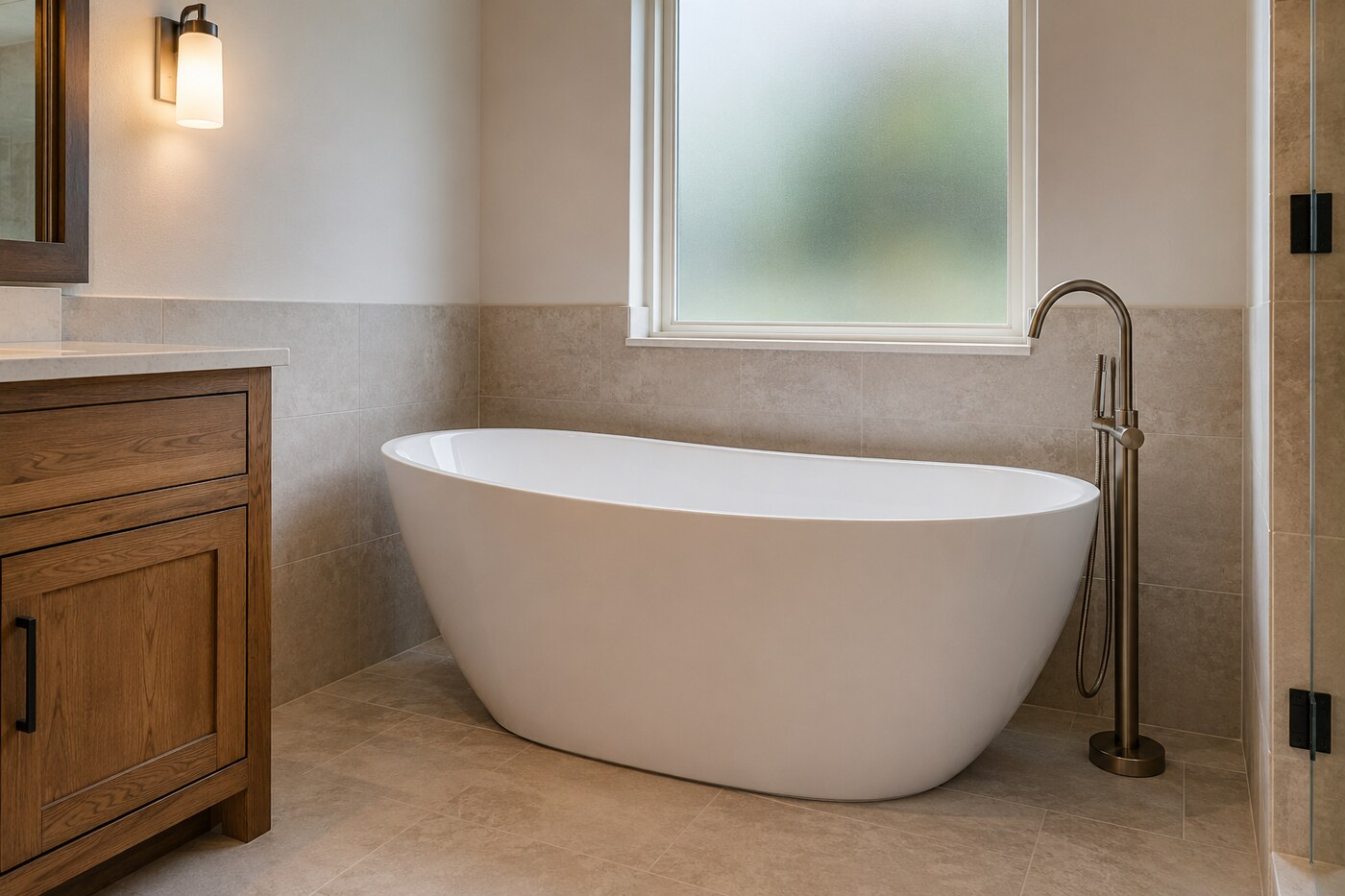 Freestanding soaking bathtub replacement in a Denton primary bathroom with floor-mounted filler
