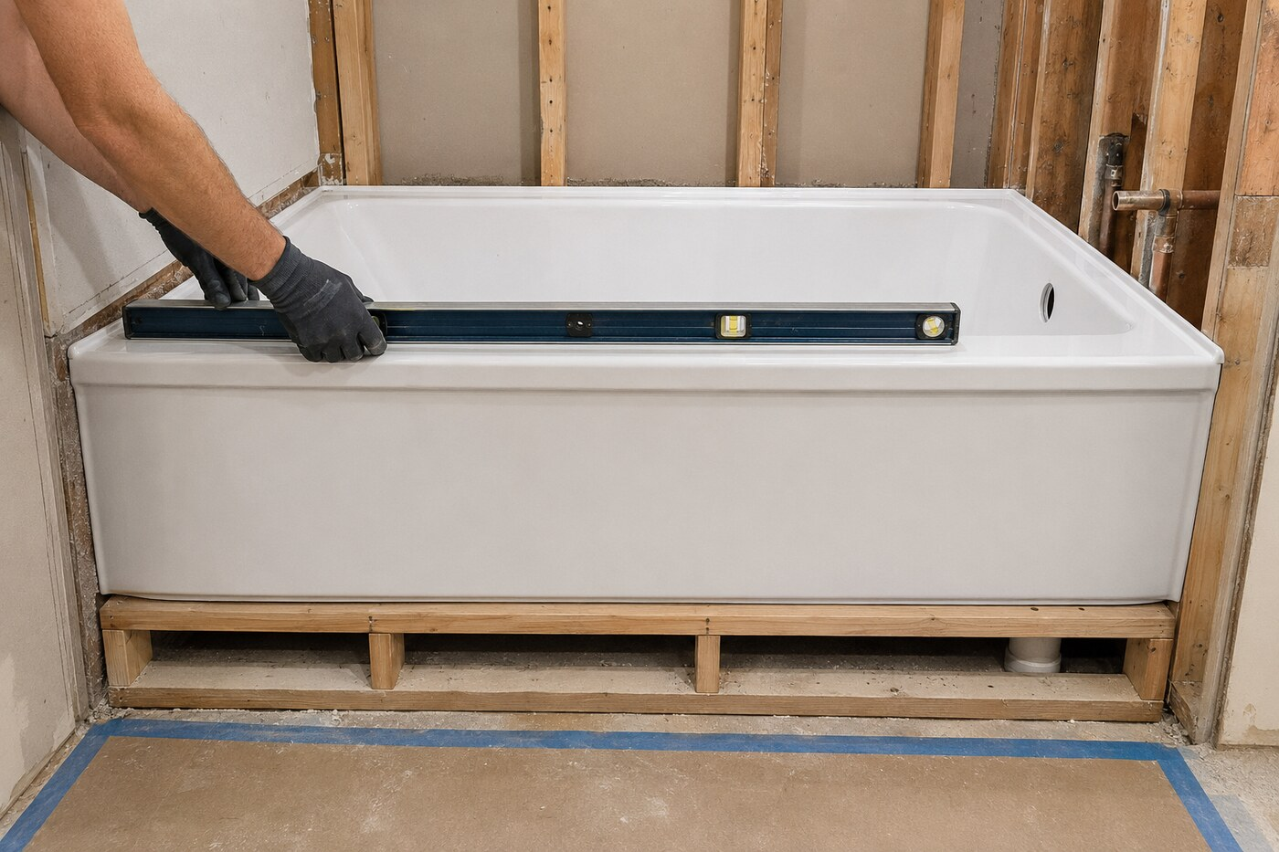 New bathtub installation in Denton with the alcove tub being checked for level before wall finishing