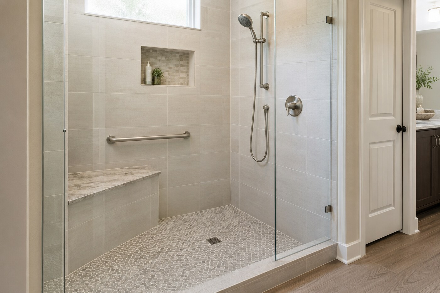 Walk-in shower in Denton with a built-in bench, grab bar, handheld fixture, niche, and low entry