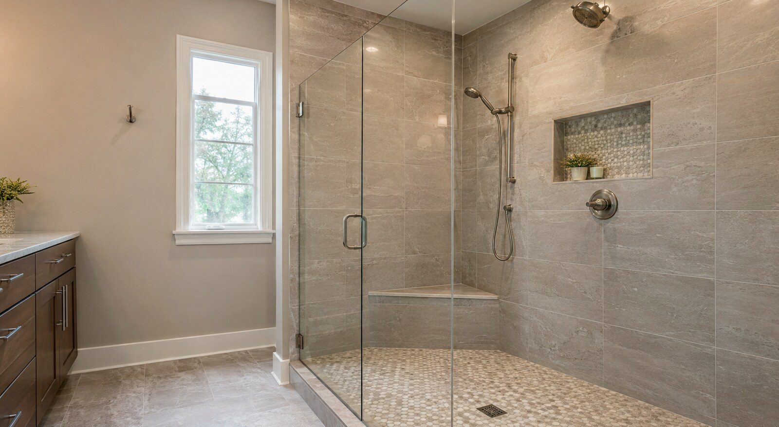 Walk-In Shower Remodeling Denton TX with frameless glass, a tiled bench, niche, and handheld shower